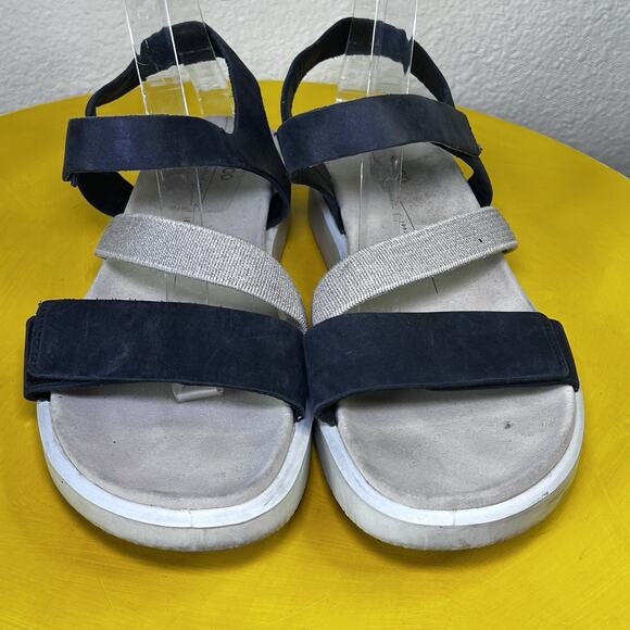 Ecco Flowt 2 Black & Gray Leather Strappy Slip On Comfort Sandals Women’s 10 41 - Picture 1 of 12